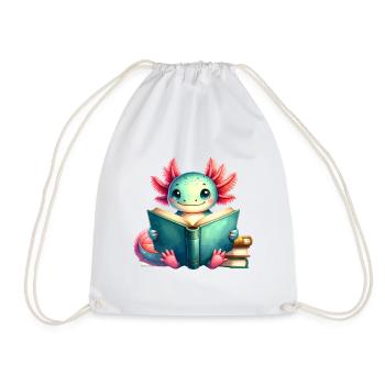 Comic Axolotl Reading a Book – Nerdy Reader Art - Drawstring Bag - white - Front