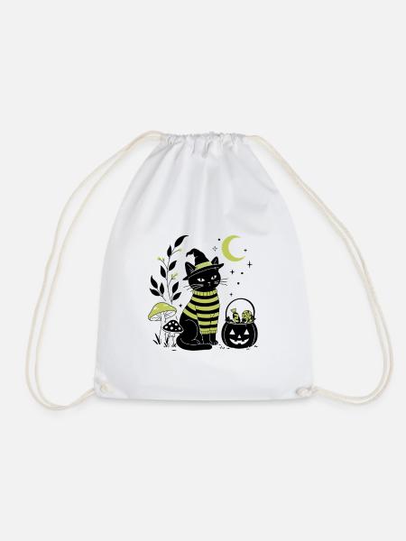 Hexenkatze mit Kürbiseimer – Cute Halloween Katze - Turnbeutel - Weiß
