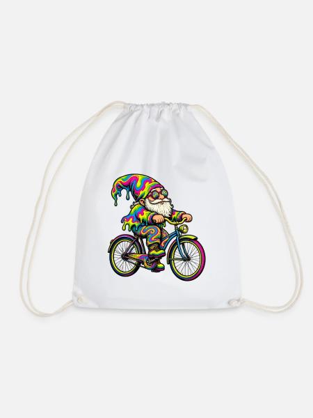 Psychedelischer Gartenzwerg auf Fahrrad - Turnbeutel - Weiß