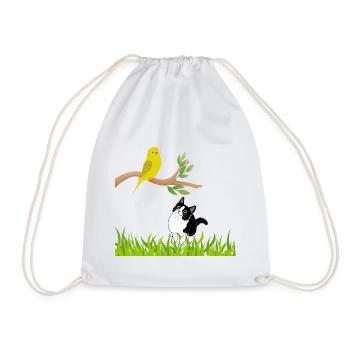 Sonniger Singvogel und Neugierige Katze - Turnbeutel - Weiß - Vorne