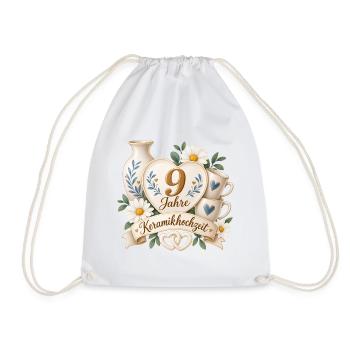 9.Hochzeitstag , 9 Jahre , Keramikhochzeit - Turnbeutel - Weiß - Vorne