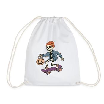Skelett auf einem Skateboard – Halloween - Turnbeutel - Weiß - Vorne