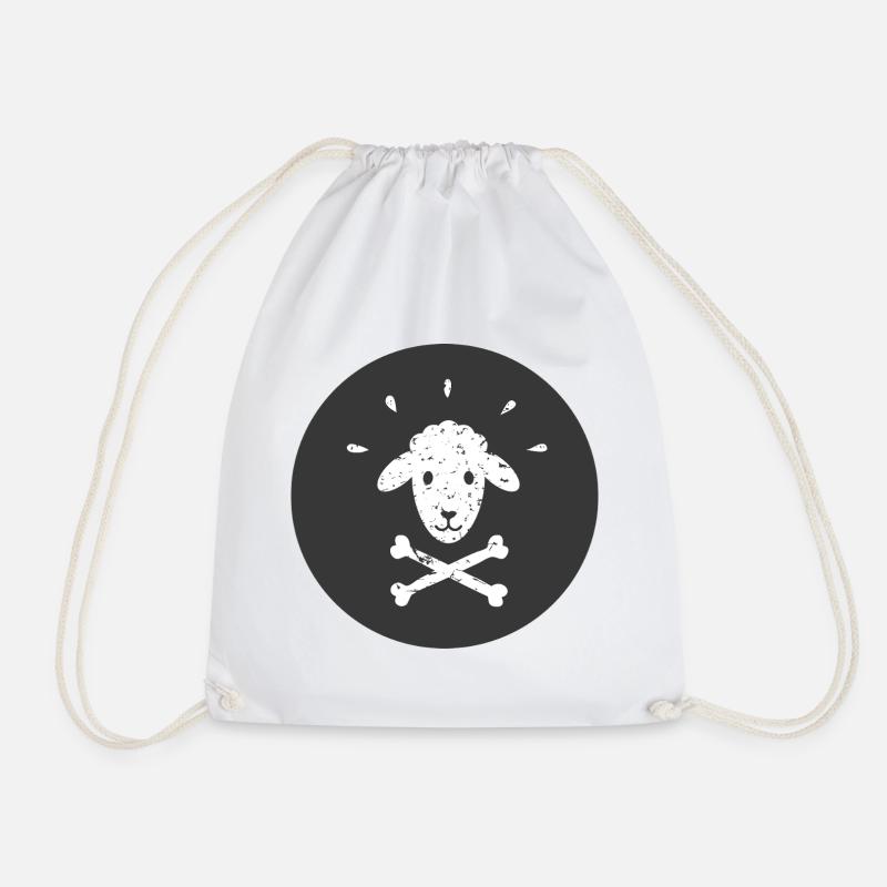 Jolly Roger Pirate Sheep on Black Circle - Drawstring Bag - white