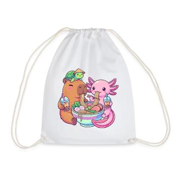 Kawaii Ramen Boba Friends Capybara Axolotl Turtle - Drawstring Bag - white - Front