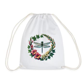 Dragonfly Floral Wreath Frame - Drawstring Bag - white - Front