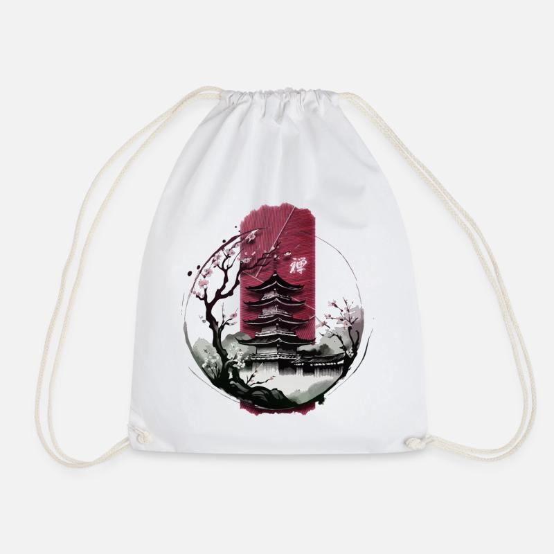 Tranquil Harmony: Japanese Temple with Zen - Drawstring Bag - white