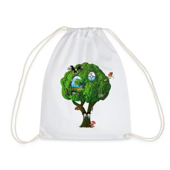 Cabane dans les arbres Fantasy Arbre avec des yeux Oiseaux Champignons - Sac de sport léger - blanc - Devant