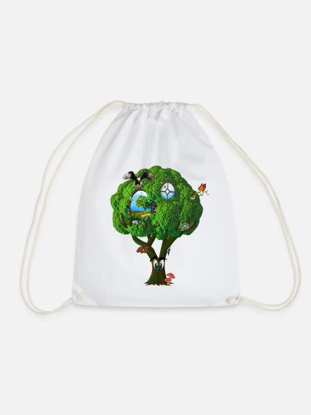 Baumhaus Fantasie Baum mit Augen Vögel Pilze - Turnbeutel - Weiß