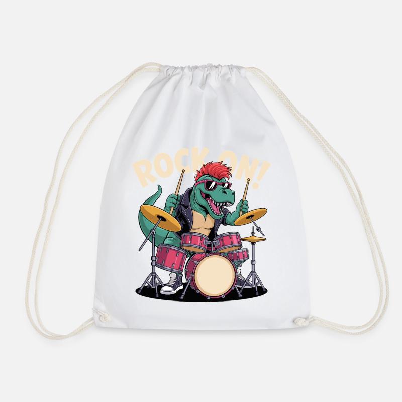 Punk Rock T-Rex Dinosaur Drummer - Percussion - Drawstring Bag - white