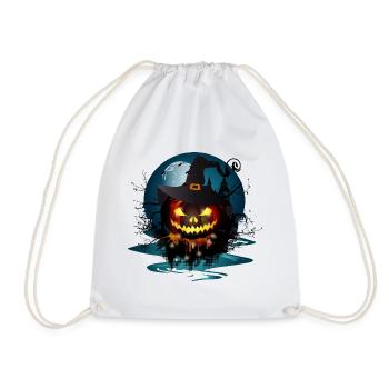 Dark Halloween Pumpkin With Witches Hat & Full Moon - Drawstring Bag - white - Front