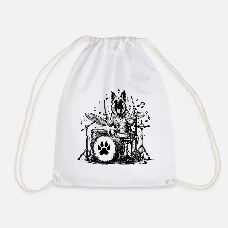 German Shepherd Drummer Art - Drawstring Bag - white