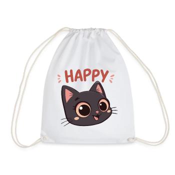 Happy Black Cat Cartoon - Drawstring Bag - white - Front