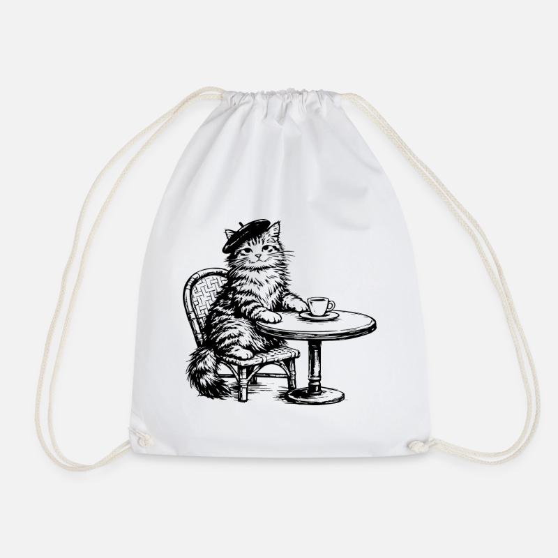 Katze mit Baskenmütze im Café Retro Design - Turnbeutel - Weiß