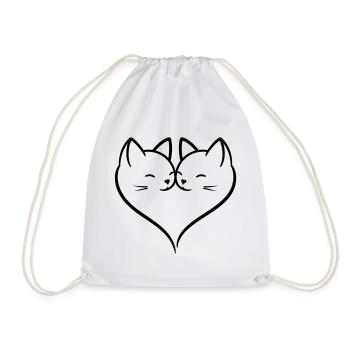 Cat Heart Love Line Art | Cute Romantic Cats Duo - Drawstring Bag - white - Front