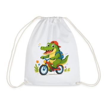 Cheerful crocodile riding a bicycle to school - Drawstring Bag - white - Front