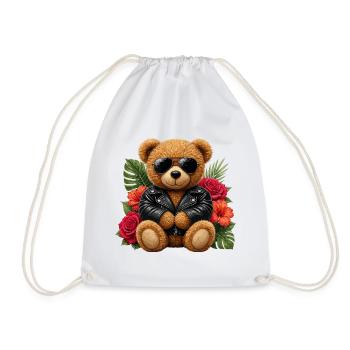 Biker teddy bear with flowers - Drawstring Bag - white - Front