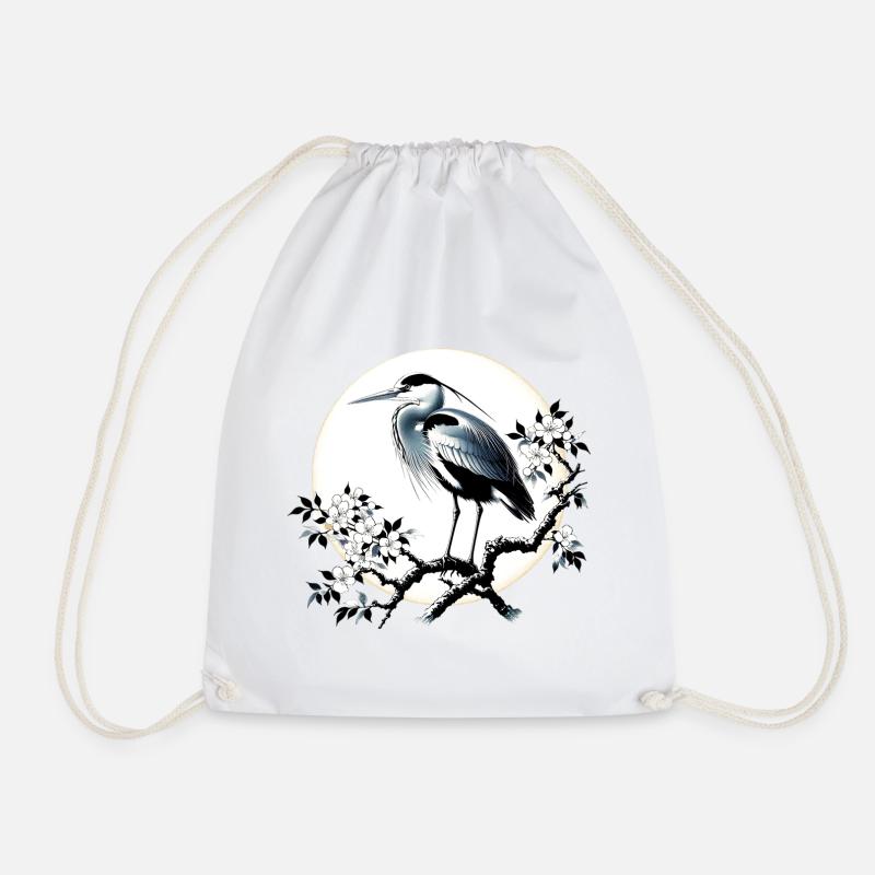 Grey White Heron Japanese Japan - Drawstring Bag - white