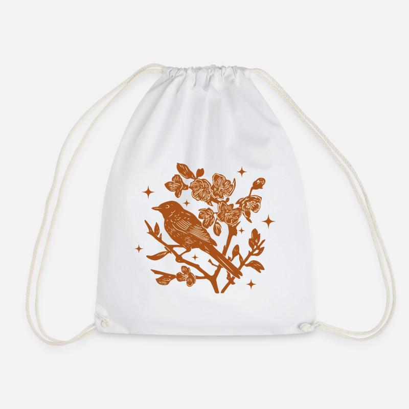 Silhouette Bird and Autumn Flowers - Drawstring Bag - white