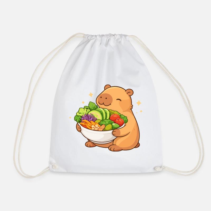 Chubby Capybara with Salad Bowl - Drawstring Bag - white