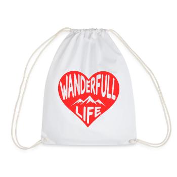 Wanderfull Life, hiking heart with mountain silhouettes - Drawstring Bag - white - Front