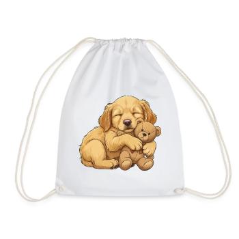 Golden Retriever puppy with teddy bear - Drawstring Bag - white - Front