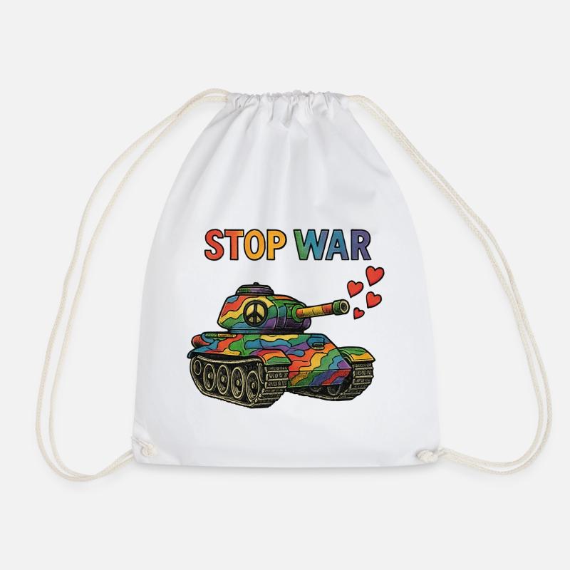 Rainbow Tank with Peace Sign – STOP WAR - Drawstring Bag - white
