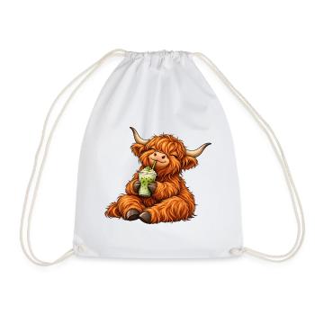 Highland Cattle mit Matcha Latte – Kuhmotiv - Turnbeutel - Weiß - Vorne