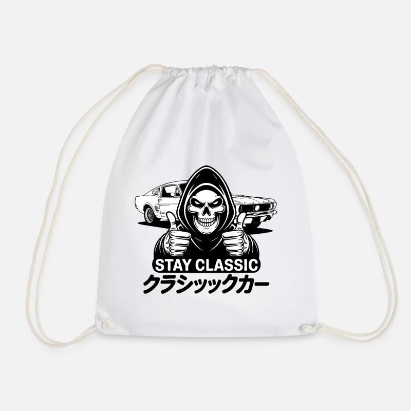 Stay Classic – Skull Art with Japanese Classic Car - Drawstring Bag - white