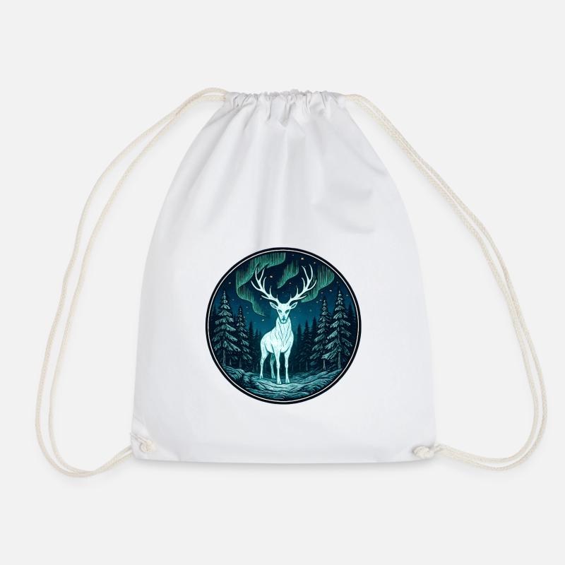 Aurora deer in the night forest - Drawstring Bag - white
