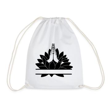 text bar namaste two hands from lotus - Drawstring Bag - white - Front