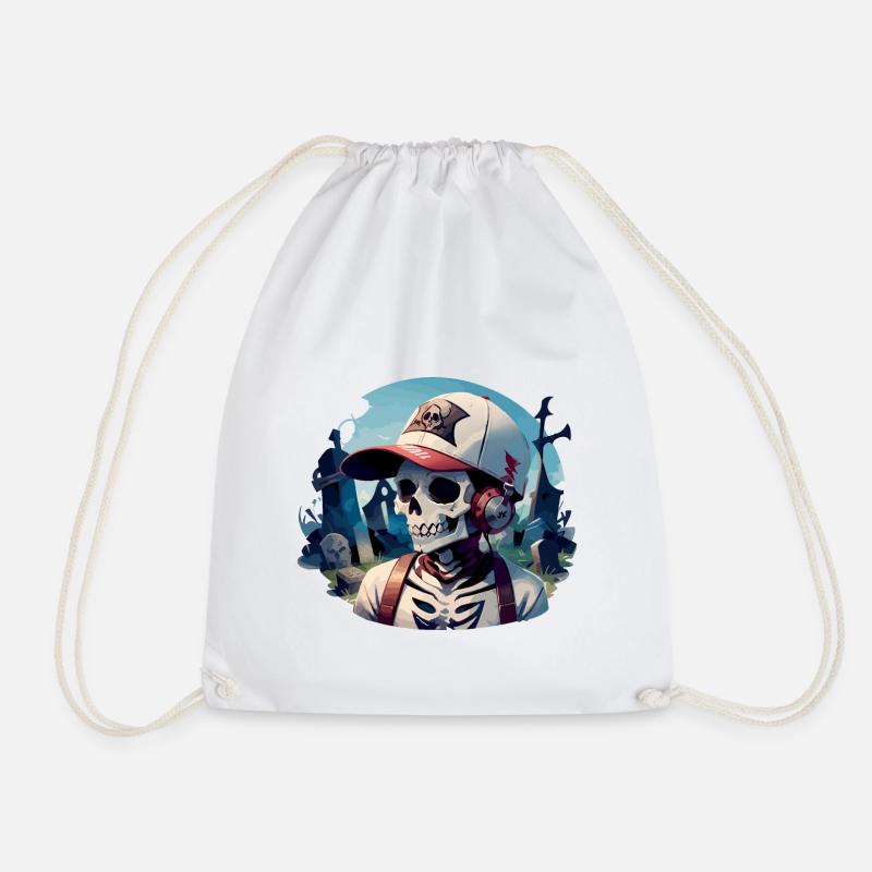 Graveyard Skull with Headphones - Drawstring Bag - white