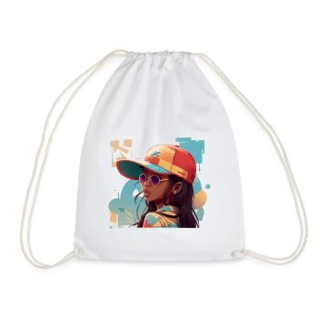 Stylish Woman with Snapback Hat - Drawstring Bag - white - Front