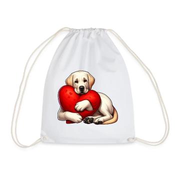 Cartoon of Labrador Retriever Hugging A Red Pillow - Drawstring Bag - white - Front