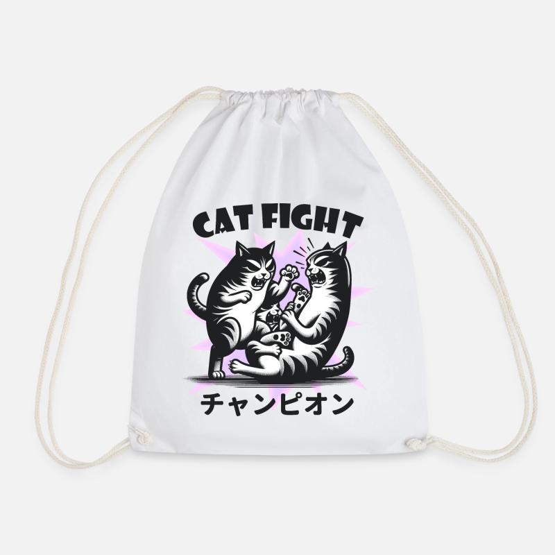 Cat Fight Japanese Funny animals - Drawstring Bag - white
