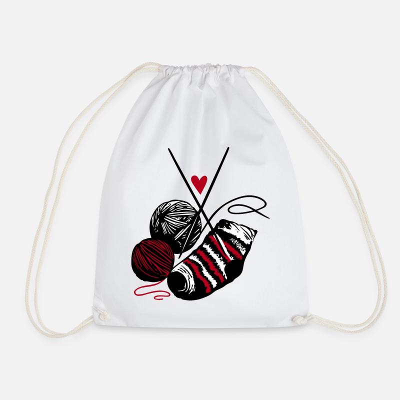 Wool, Knitting Needles and Hearts – Handmade Fan - Drawstring Bag - white
