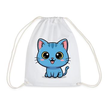 Cute Blue Cat - Kawaii Kitten Cartoon Design - Drawstring Bag - white - Front