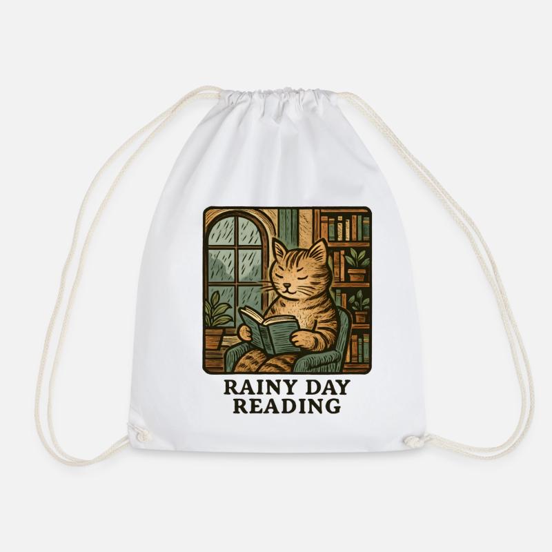 Rain cat reading - Drawstring Bag - white