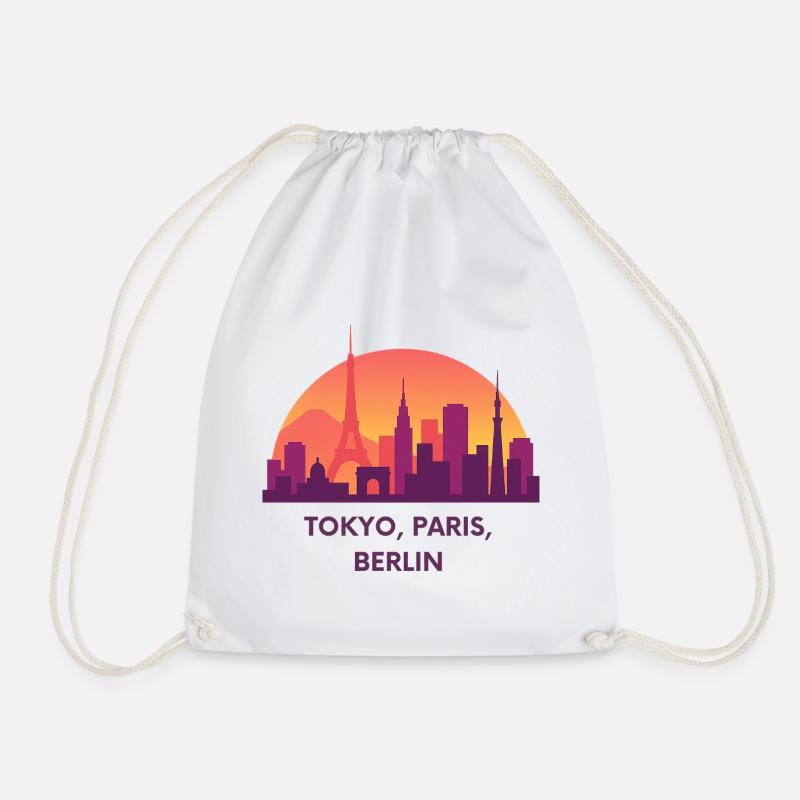 Skyline Trio Tokyo Paris Berlin at sunset - Drawstring Bag - white