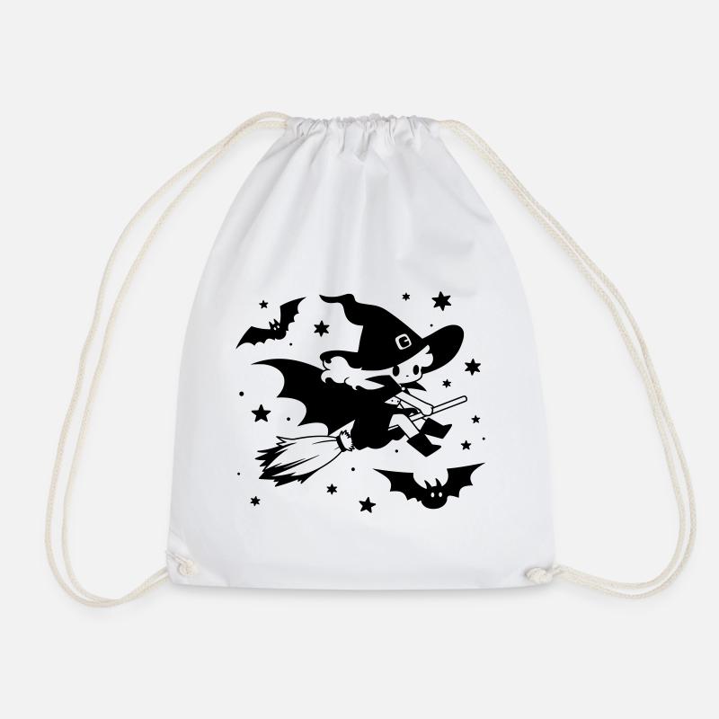 Flying Witch with Broom Halloween Motif - Drawstring Bag - white