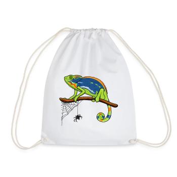 Chameleon On Branch with Spider Web - Drawstring Bag - white - Front