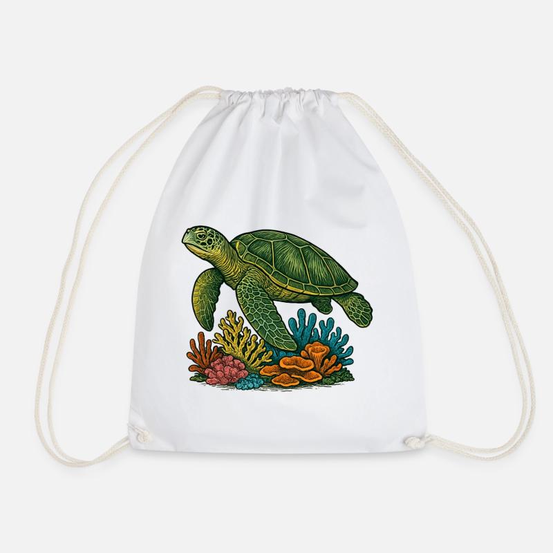 Green Sea Turtle Diver Design - Drawstring Bag - white