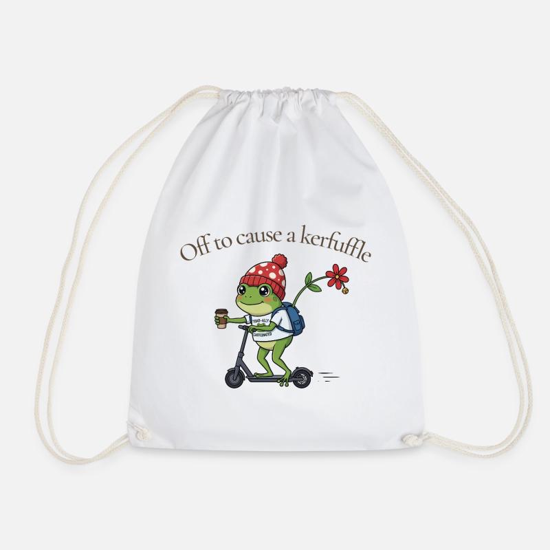 Frog on Scooter: Kerfuffle - Drawstring Bag - white