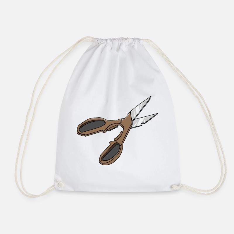 Vintage Scissor Motif Brown Handle - Drawstring Bag - white