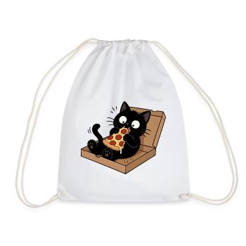 Black cat enjoying pizza - Drawstring Bag - white - Front