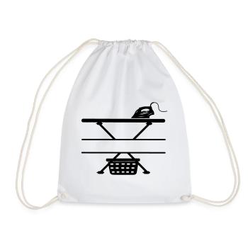 Iron, ironing board and laundry basket, text banner - Drawstring Bag - white - Front