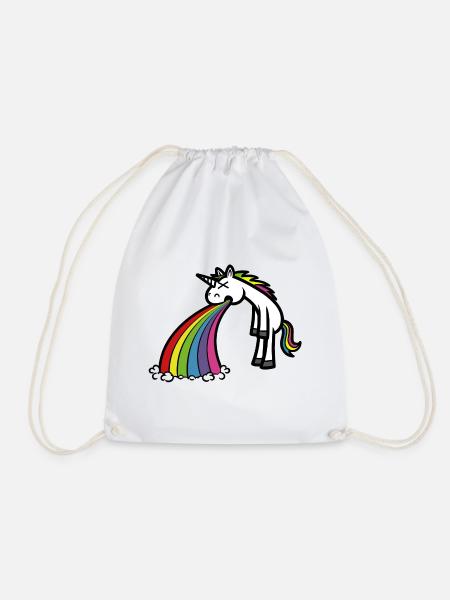 Lustiges Einhorn kotzt Regenbogen Cartoon - Turnbeutel - Weiß