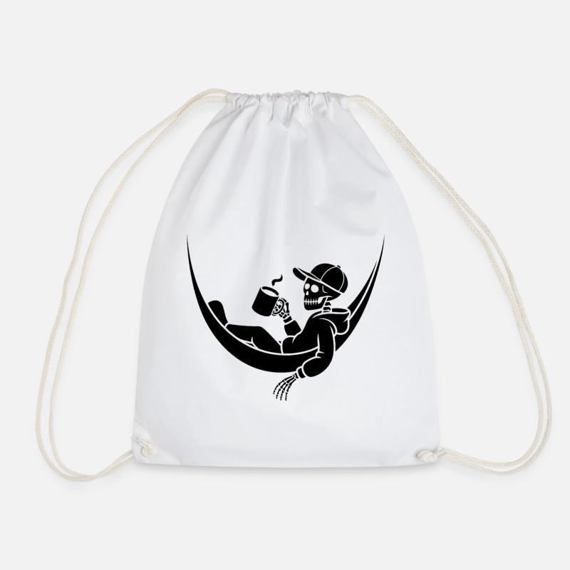 Skeleton in hammock with coffee - Drawstring Bag - white