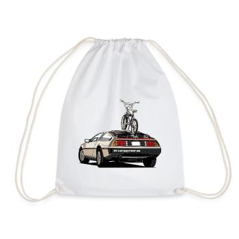 Delorean with old school 80s BMX on the rear - Drawstring Bag - white - Front