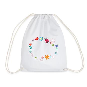 Round frame with flowers, ladybug and bird - Drawstring Bag - white - Front