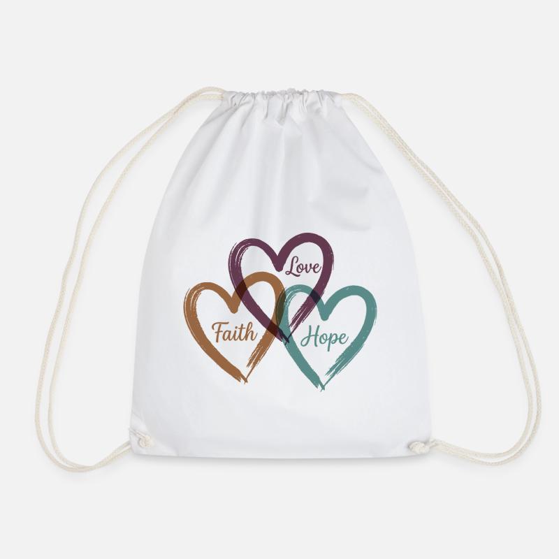Love Faith Hope – Inspirational Heart Design - Drawstring Bag - white
